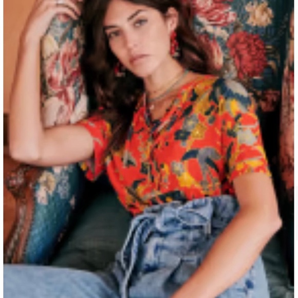 Sezane Floral Blouse Size Small Size 36 Oversized Peplum Tie Up Red Florsl Birds - Picture 13 of 13